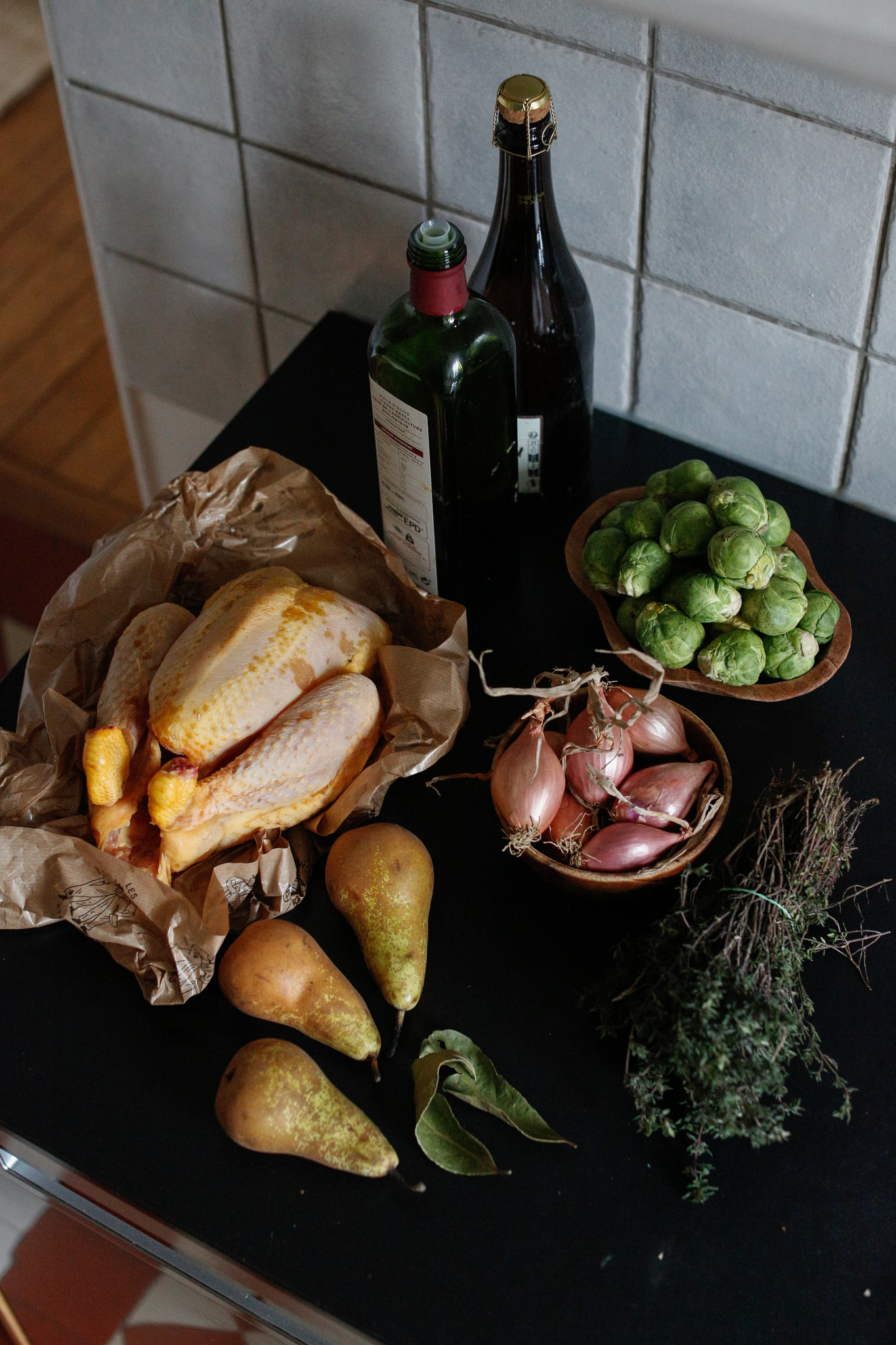 Prepare your ingredients for your chicken brussels sprouts pear and shallots roast