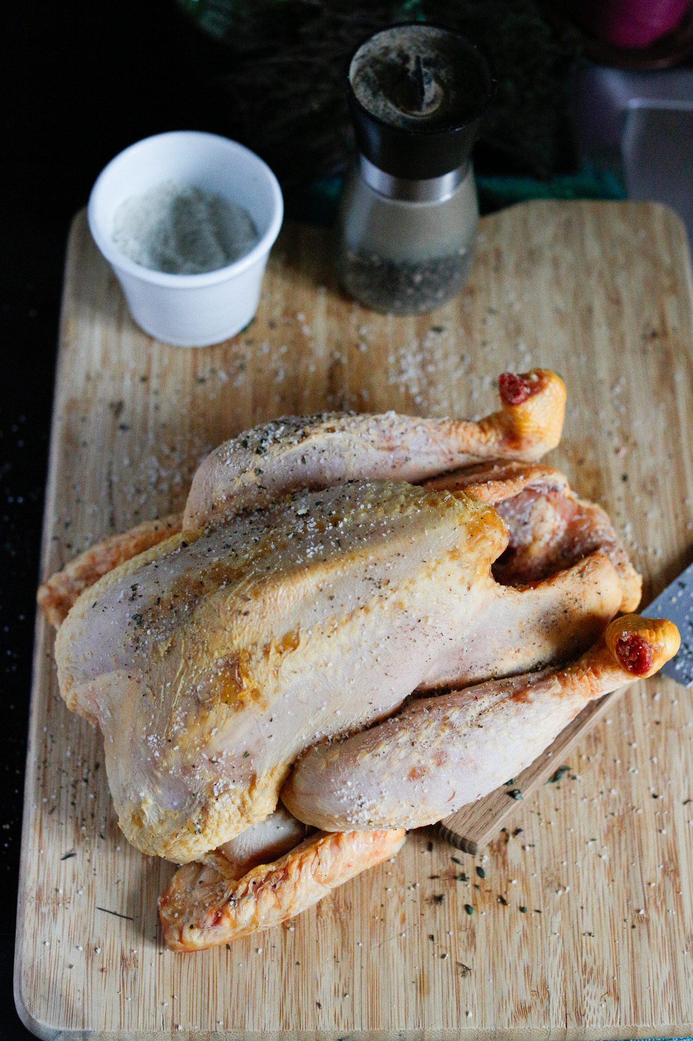 Make sure your chicken is dry before you salt and pepper inside and out