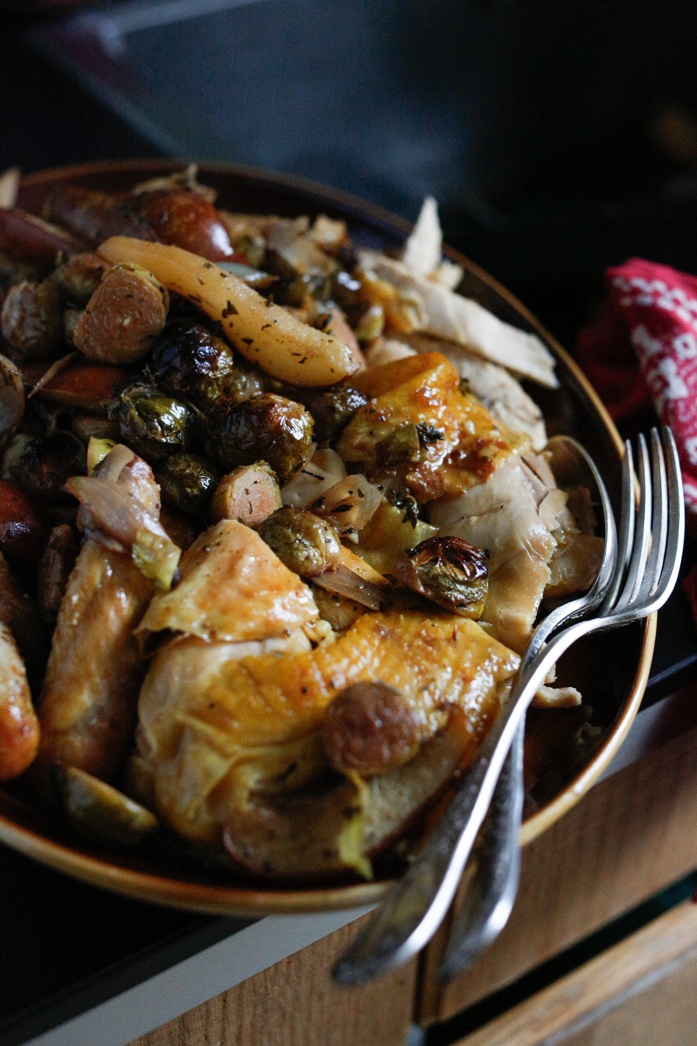 Cut up your chicken and plate it with your veggies. I like to cover most of my chicken with the sides. Do what inspires you