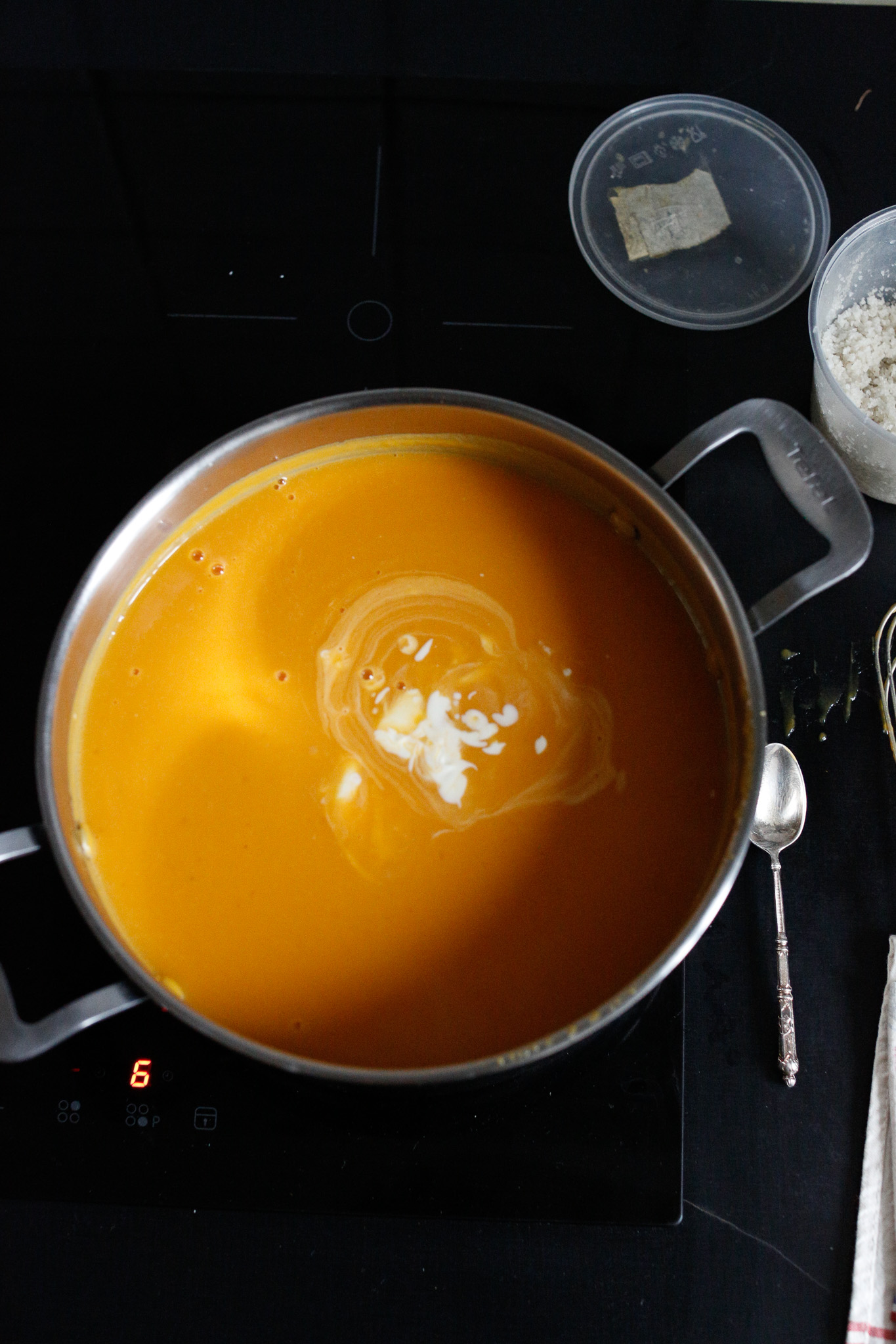 Add in your dairy once your blended soup is back in the pot. Make sure to taste and adjust with salt, more dairy and perhaps some fresh lemon juice for acidity. She's ready to go! Enjoy