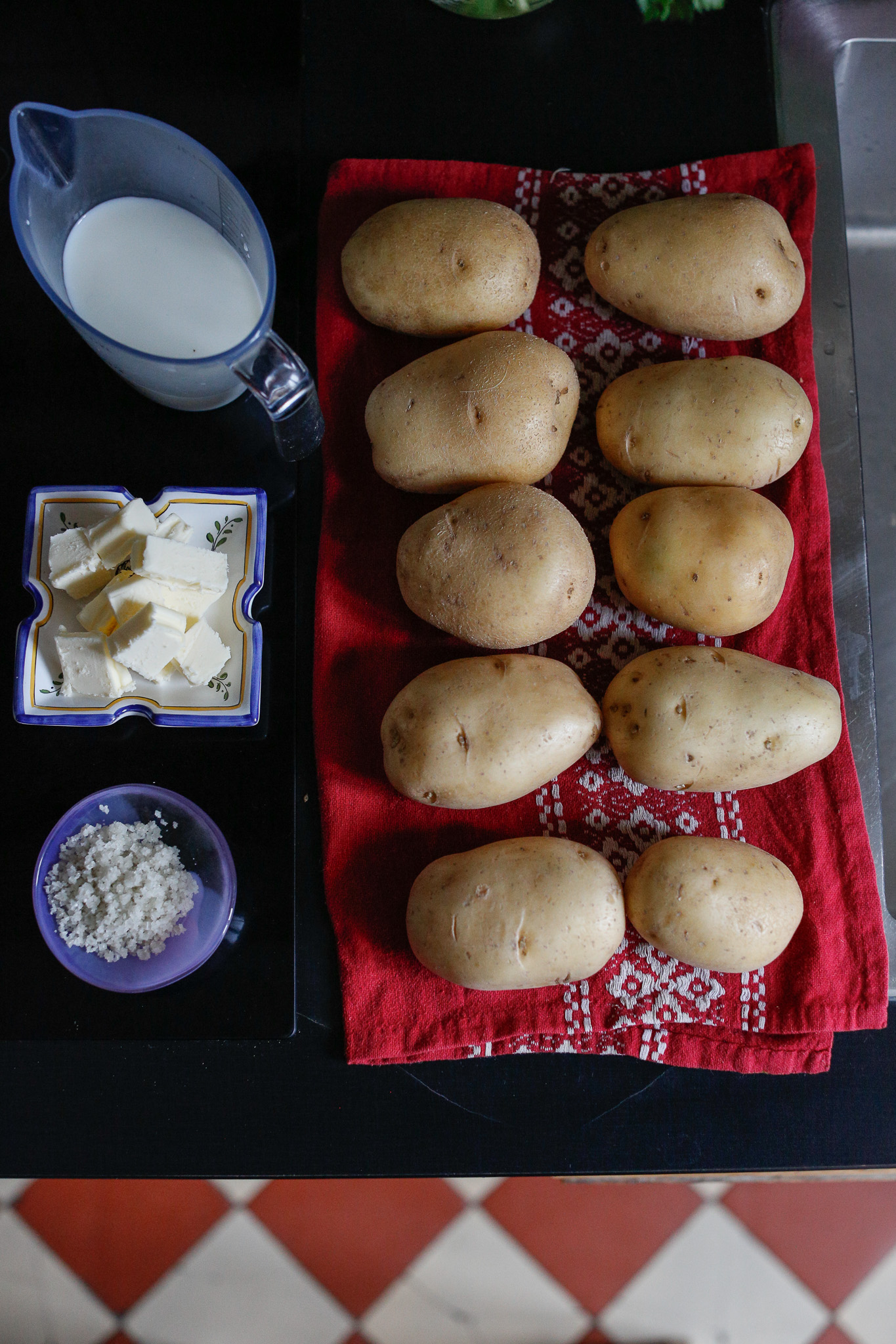 Gather all your ingredients. Potatoes, milk, butter, salt