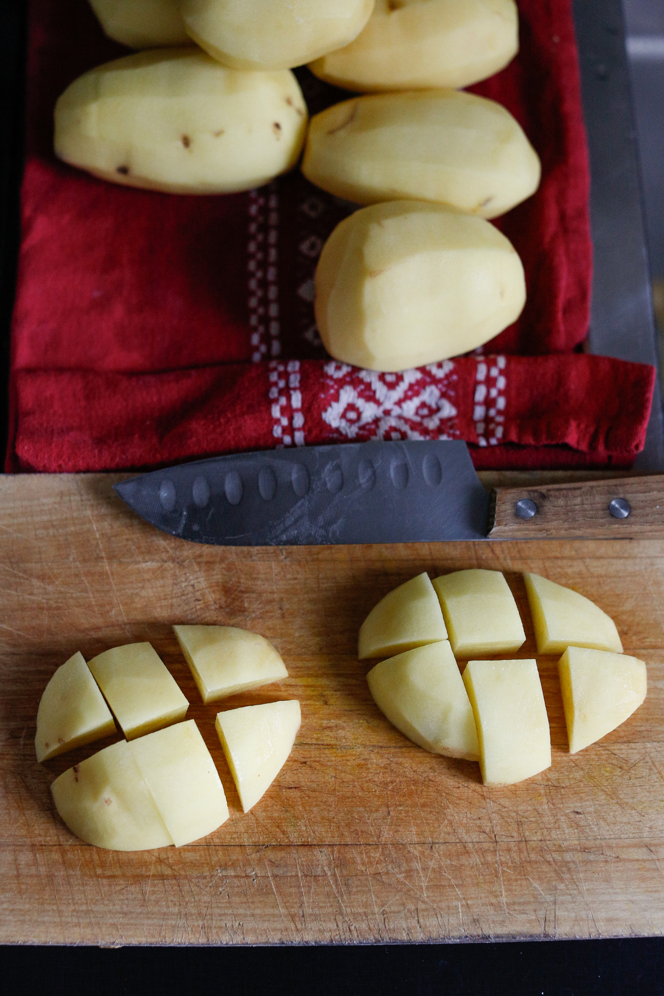Cut your halved potatoes into medium cubes