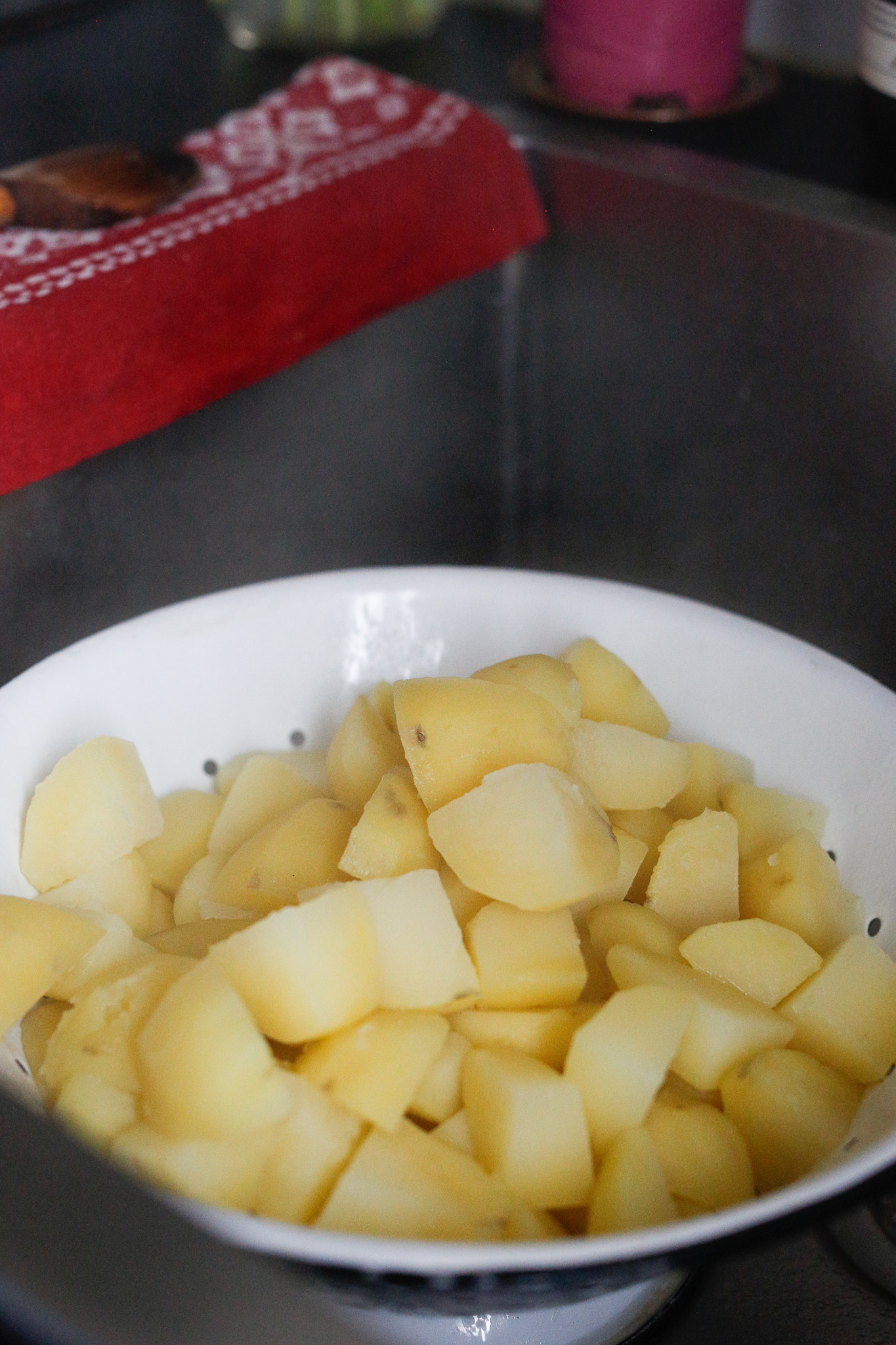 Once they are cooked, mindfully pour the pot away from your face, into a strainer