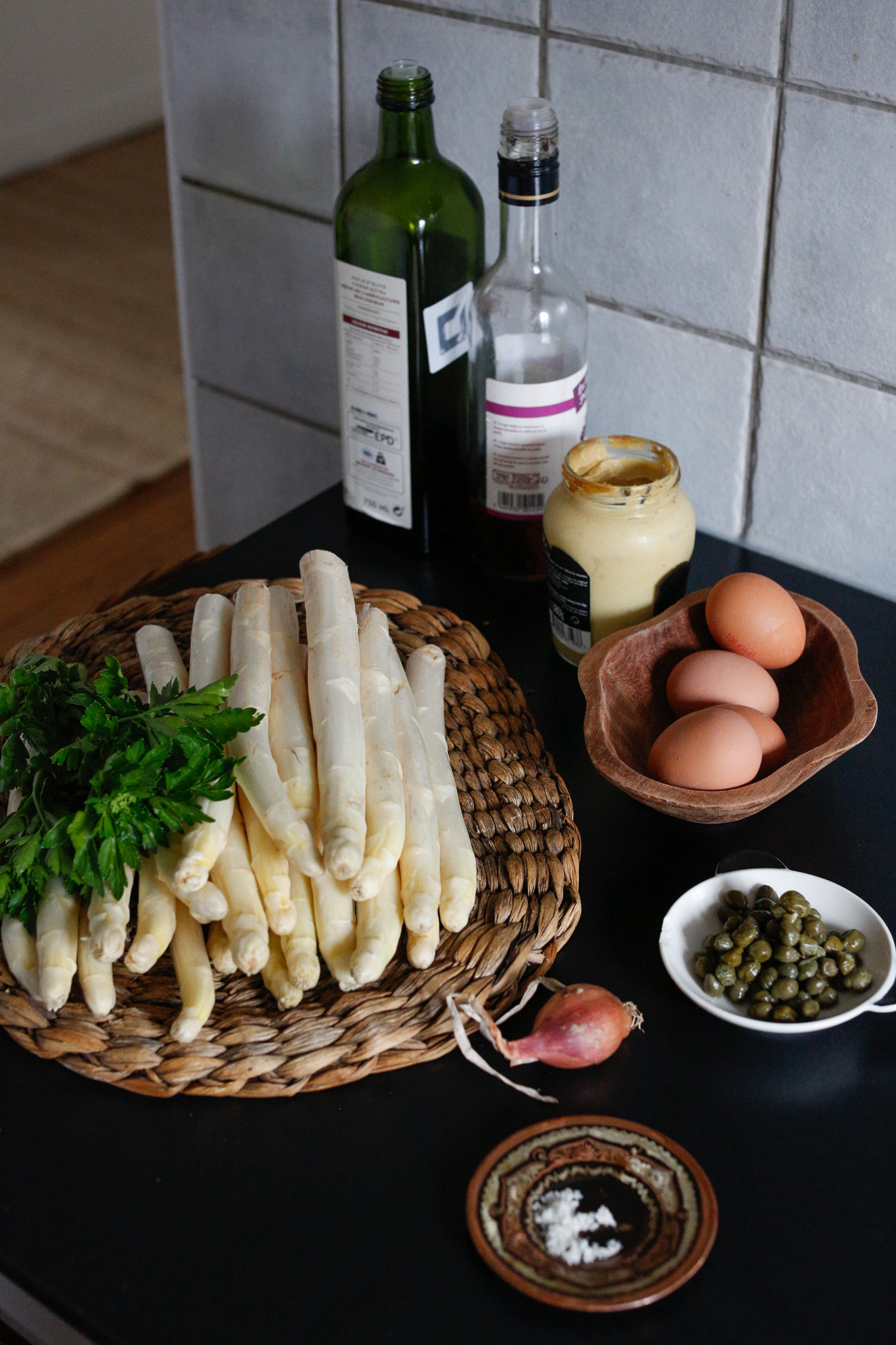 Gather your ingredients. Asparagus, eggs, olive oil, red wine vinegar, mustard