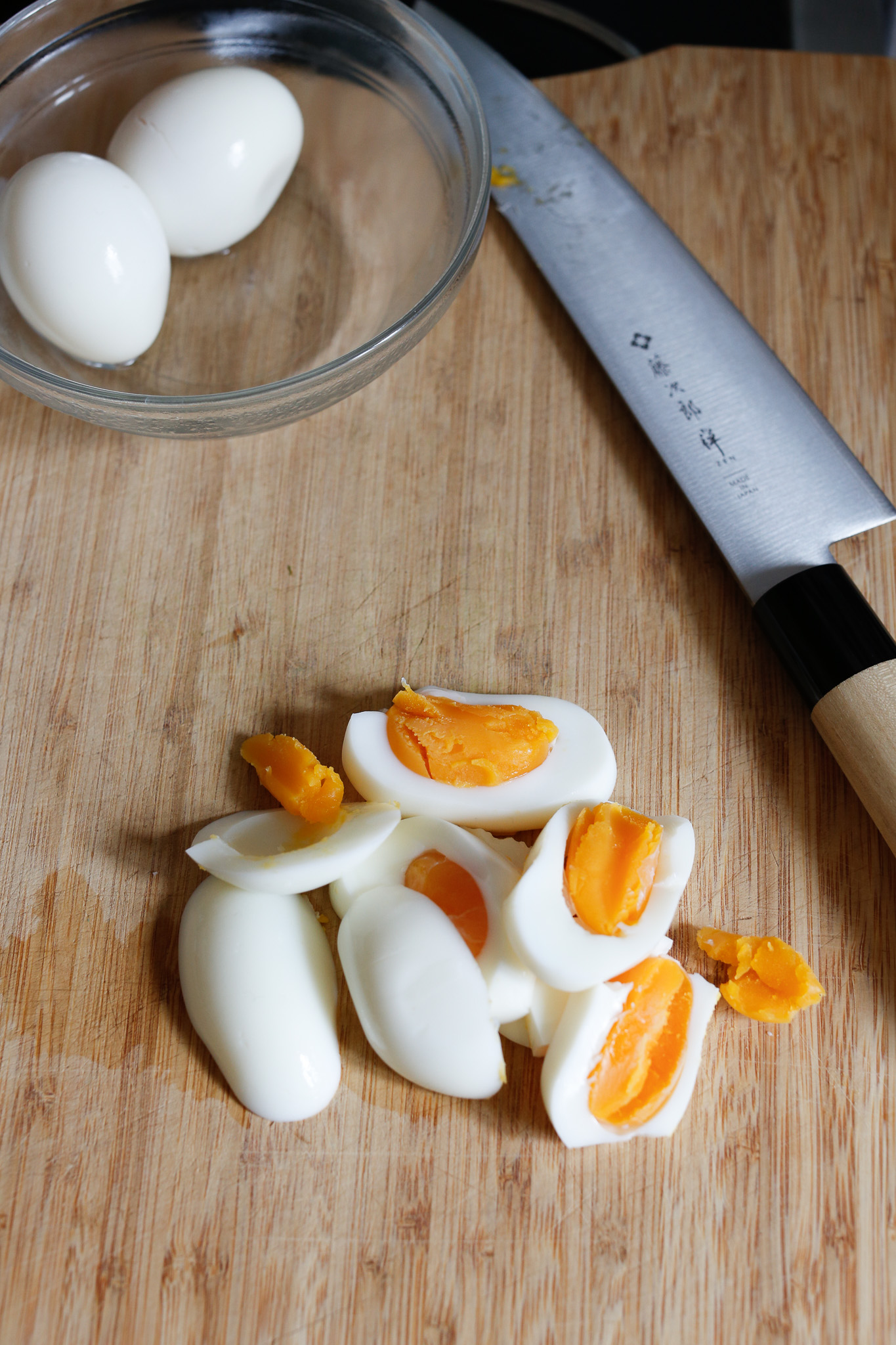 For my eggs I start by slicing them
