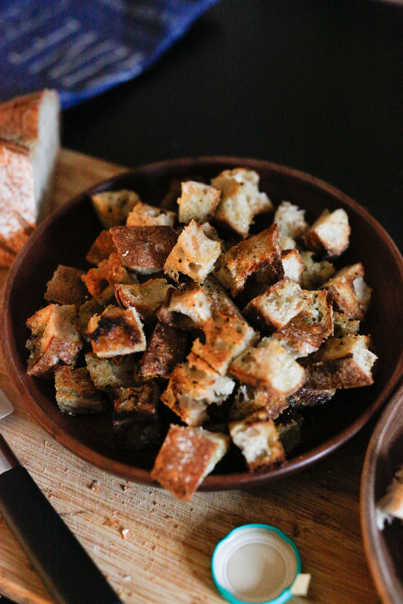 Homemade day old bread croutons with olive oil or butter