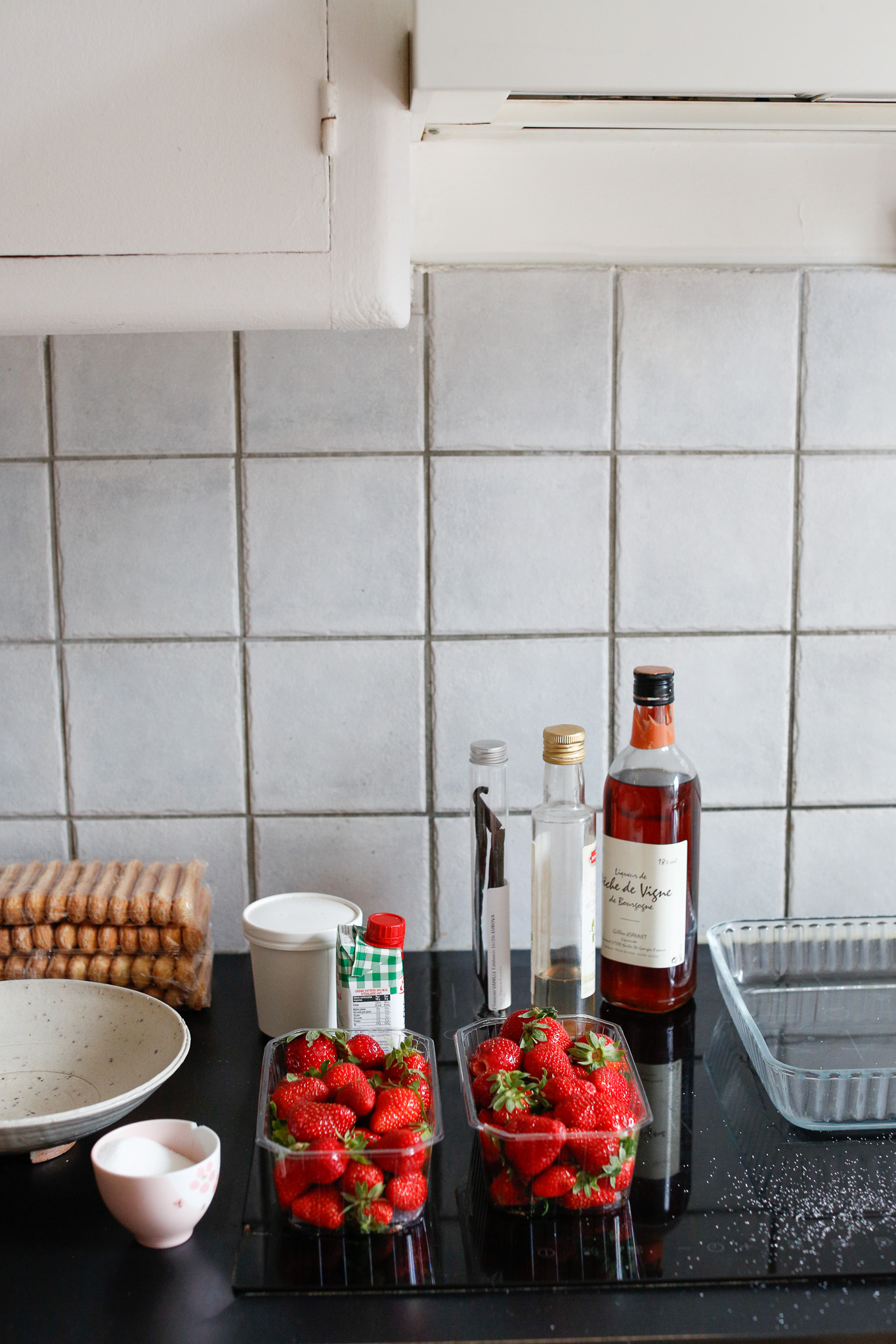 Gather all your ingredients. Ladyfingers, creme fraiche, heavy cream, vanilla bean, vine peach liquor, orange blossom water, water