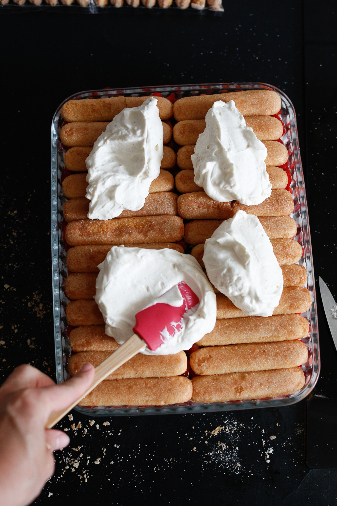 This is actually the second layer of cream but here is to show you laying out four large dollops makes it easier to spread
