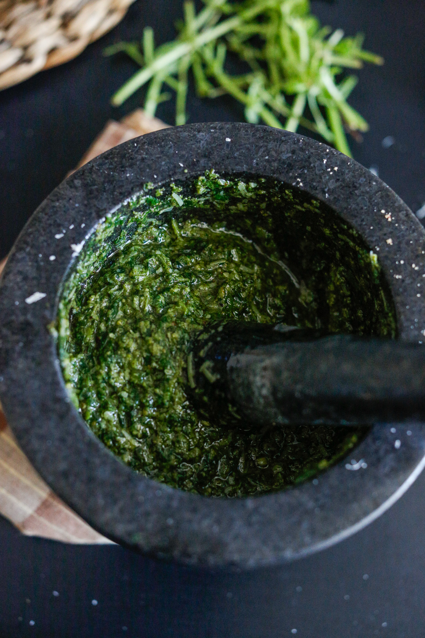 Consistency is subjective. If I am using this to dollop a soup, I will keep it thicker. If I'm using it in pasta, I will add some pasta water in it to thin it out in order to coat my pasta better. Enjoy!