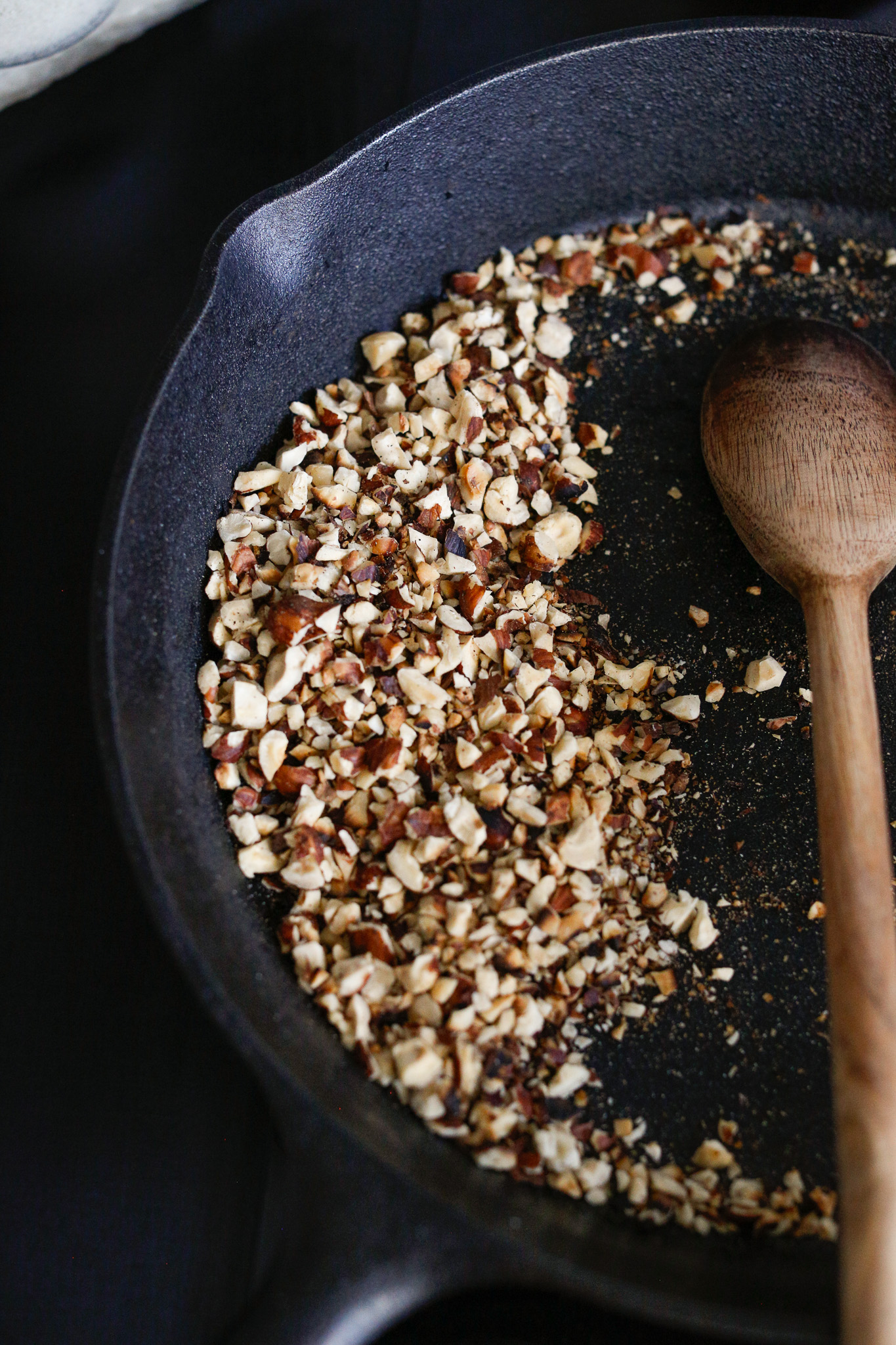 On a medium skillet, brown your nuts. Be super mindful not to walk away, they will burn quickly!