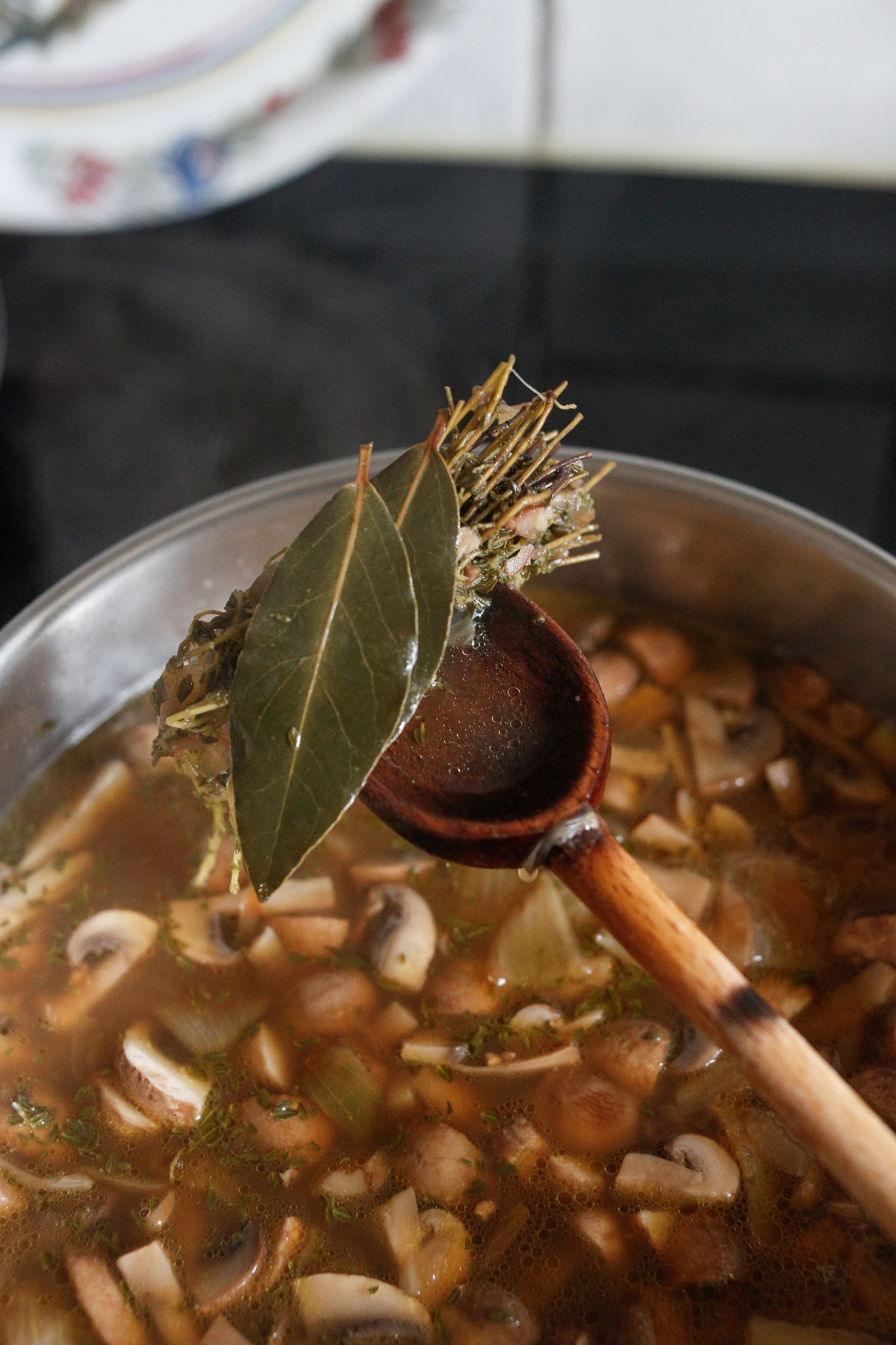 Once your soup is cooked. Remove your bay leaves and thyme before blending.