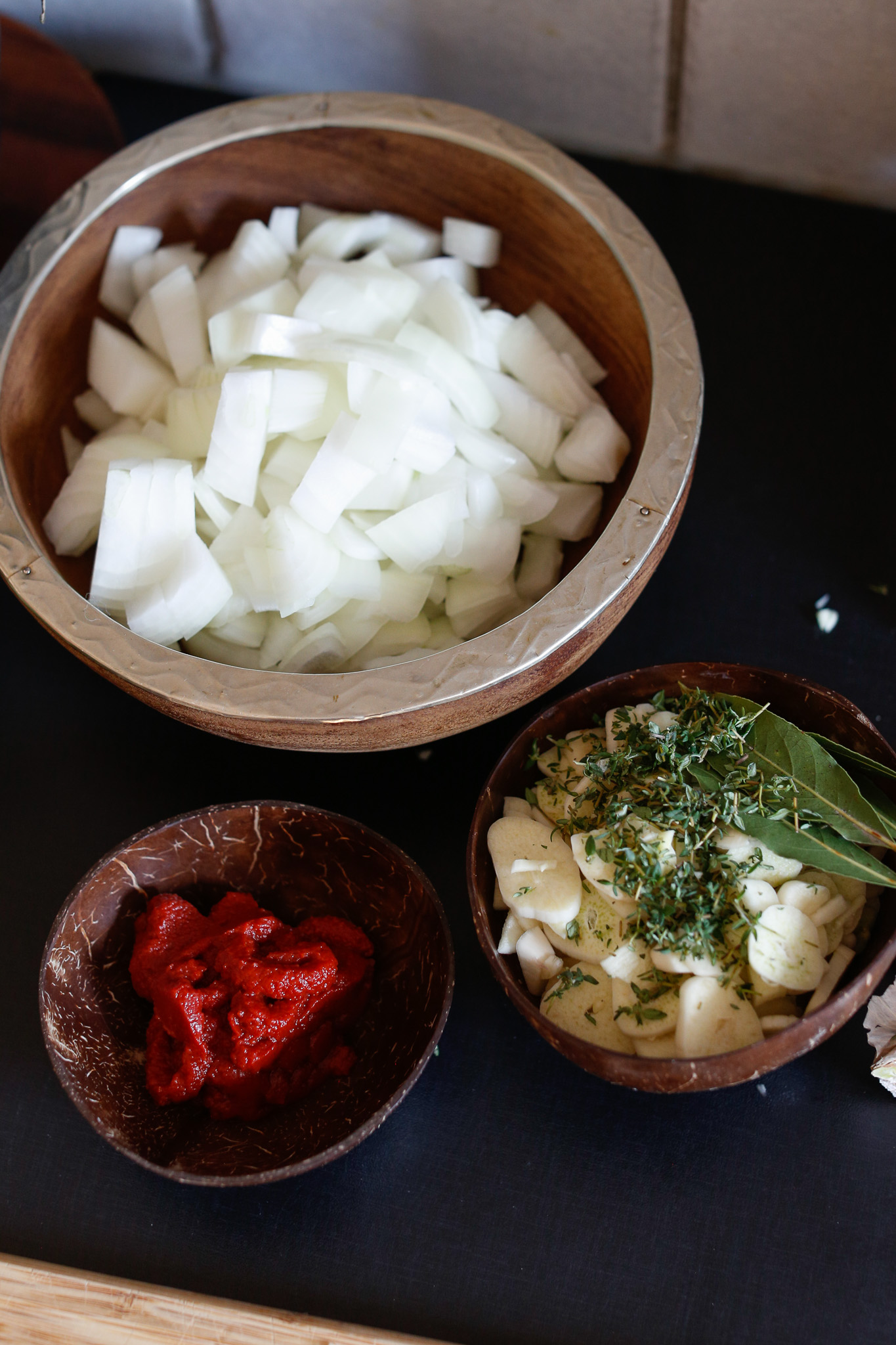 Prepared onions, tomato paste, garlic and herbs