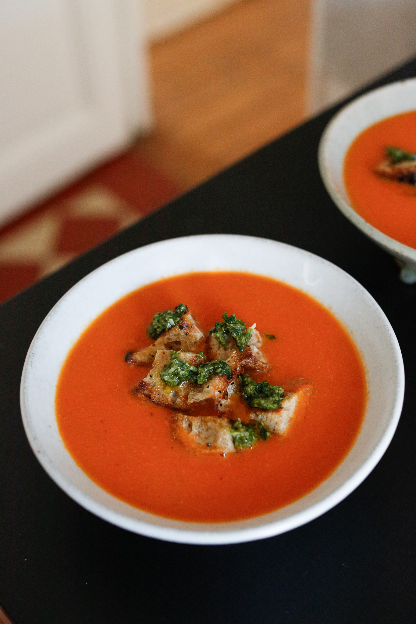 If I serve this for guests I go for my Aunt Chandra's homemade croutons as toppings and a homemade pesto. So fresh!