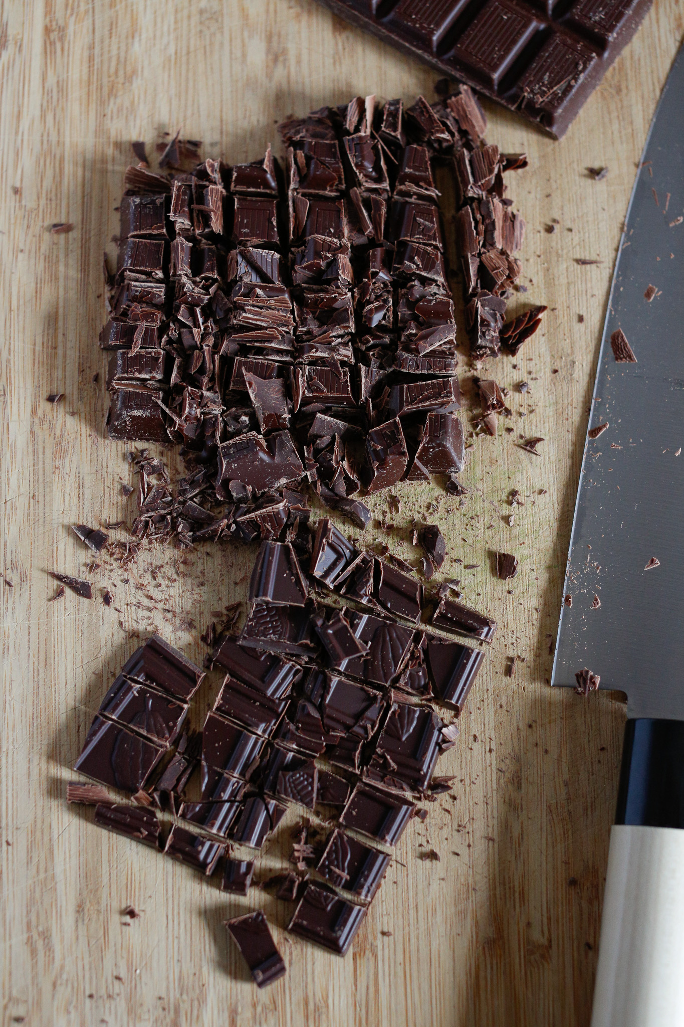 I like to start out by cutting up my chocolate. I prefer cut up chocolate as opposed to chocolate chips because I enjoy the uneven bits as well as the crumbs influencing the dough.