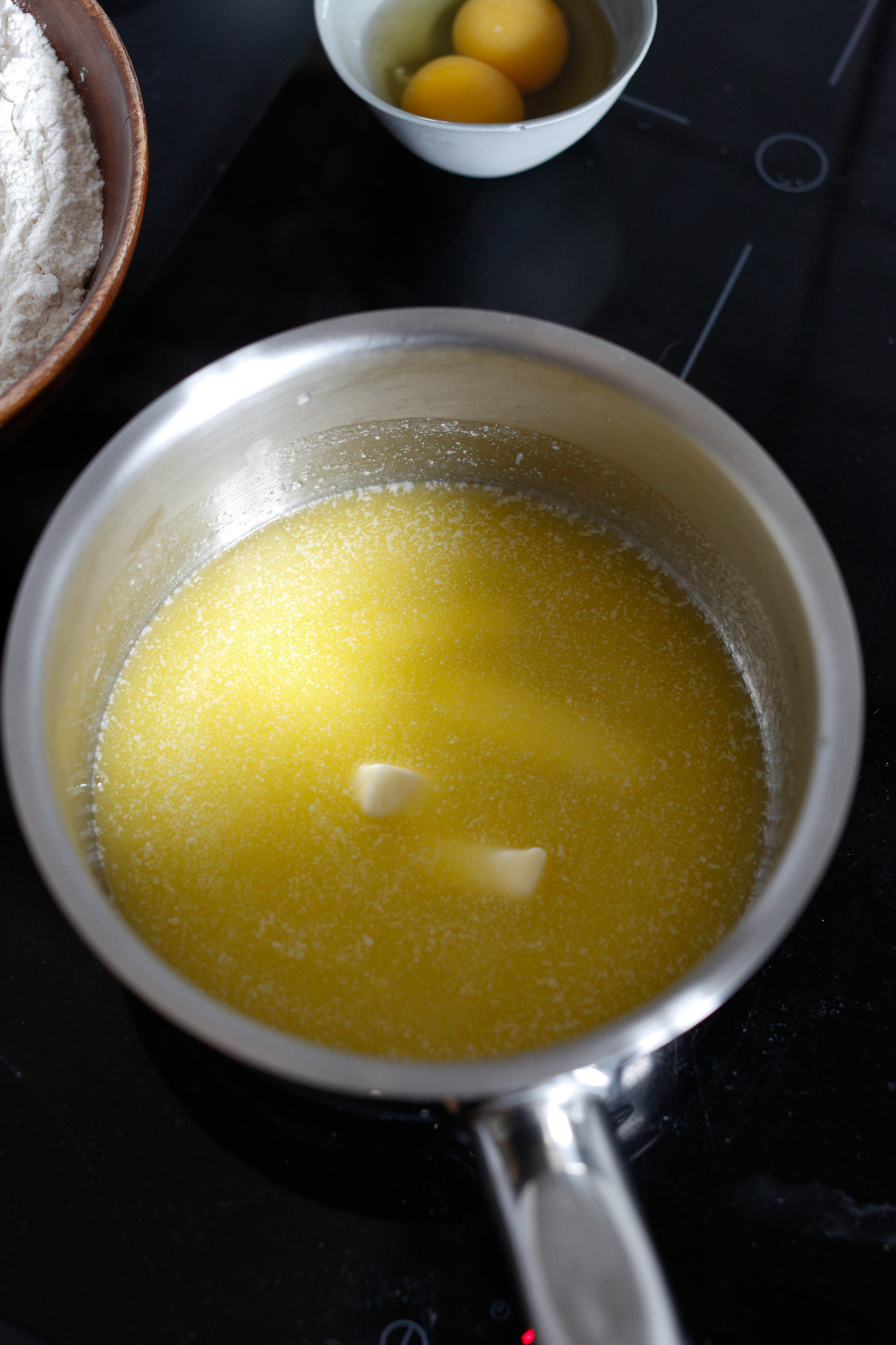 Next melt your butter on medium heat. I take it off the heat when the butter is almost melted and let it finish melting as I measure out the sugars.