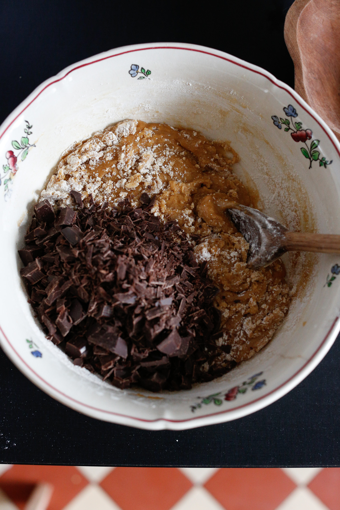 When you're at this point and can still see some unmixed flour, add in your chocolate bits.