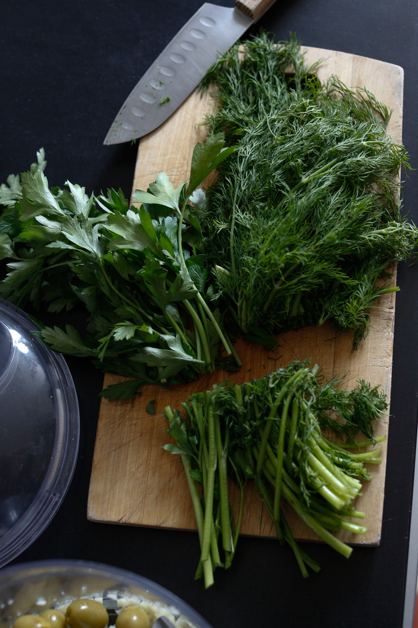 De stem your dill. I recommend taking off your parsley leaves for better blitzing.