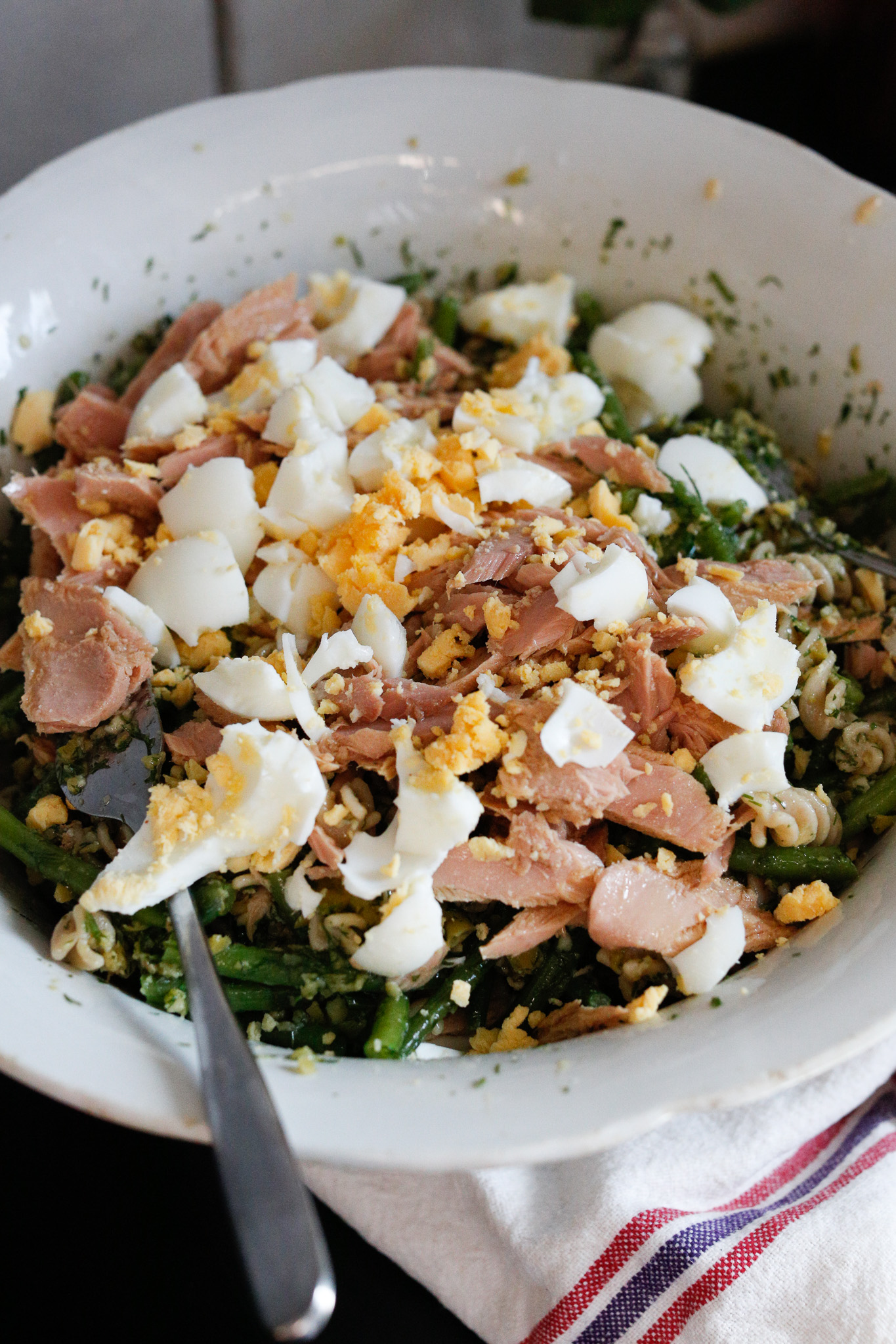 Finally, break up your tuna fish into medium & large chunks along with your eggs.