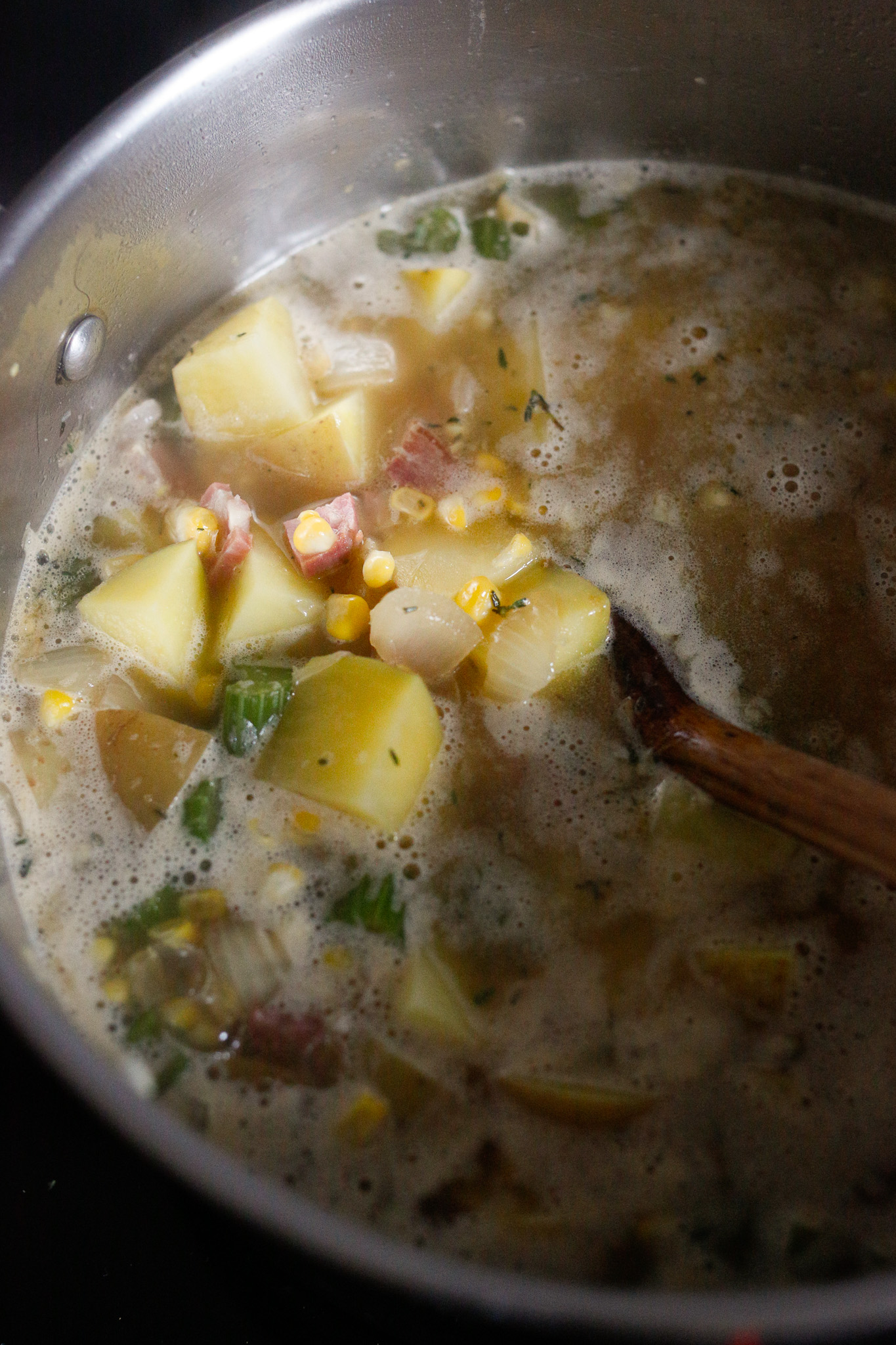 Bring to a boil and allow to simmer the time needed for your potatoes to cook about 20-45 minutes depending on the size of the cut. Use a knife to check them. Ideally you don't overcook them as they are really yummy when firm or not overcooked.