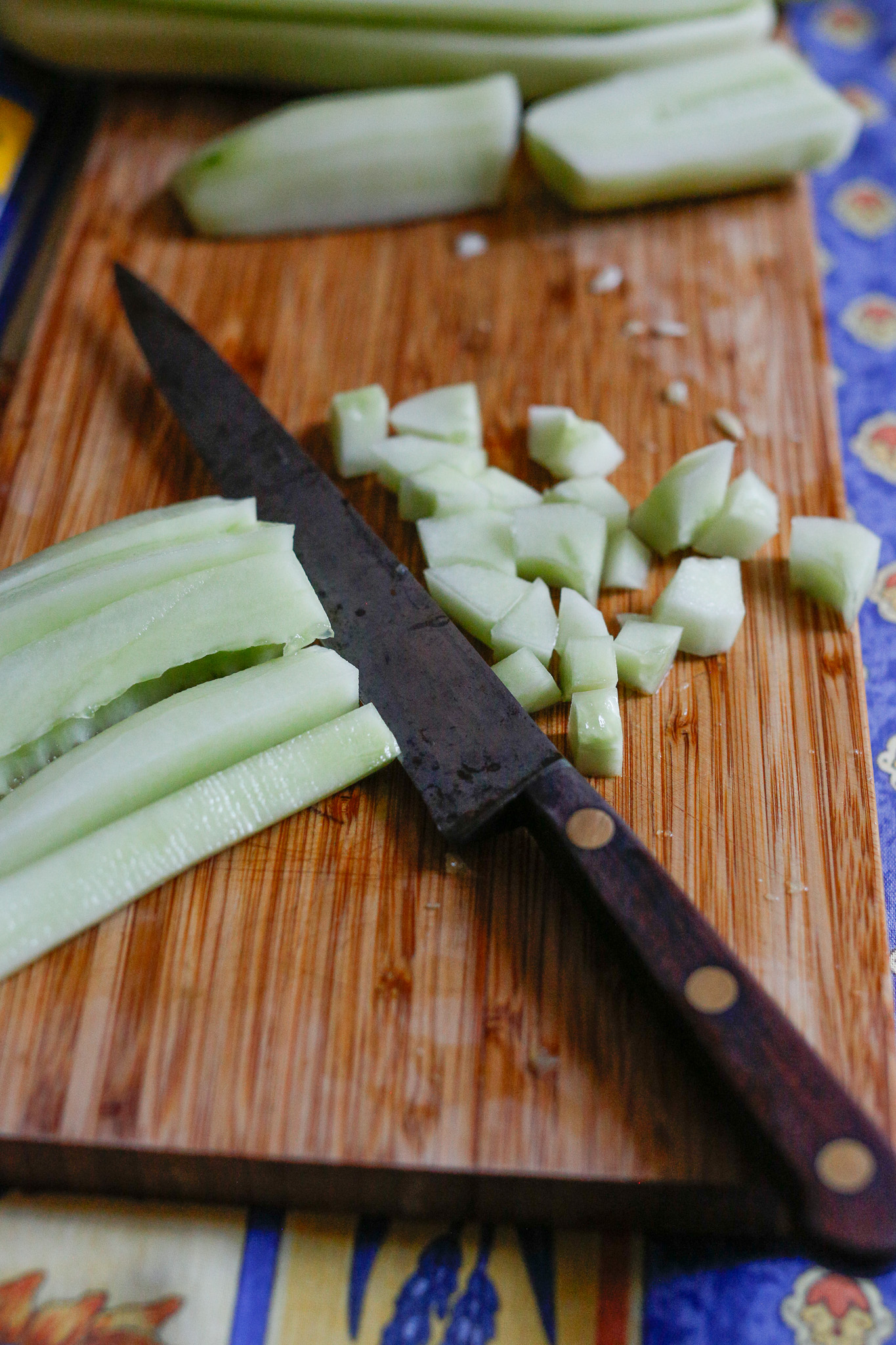 I like to cut up my cukes to about a medium dice but it can be interpreted to your preferred size of course.