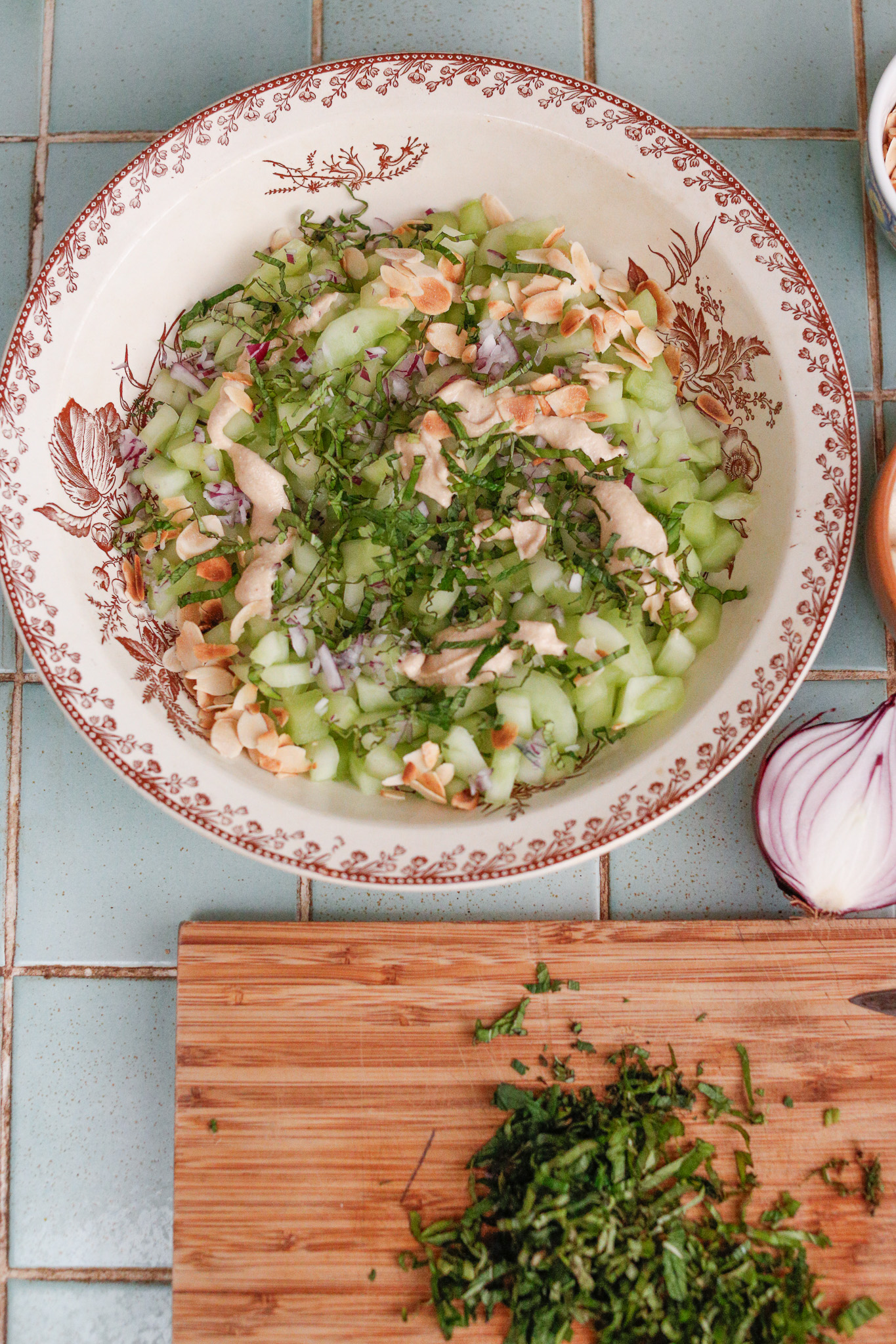 It's important to keep your dressing thick even though it will feel weird. It will mix better than a watery dressing with this particular salad.