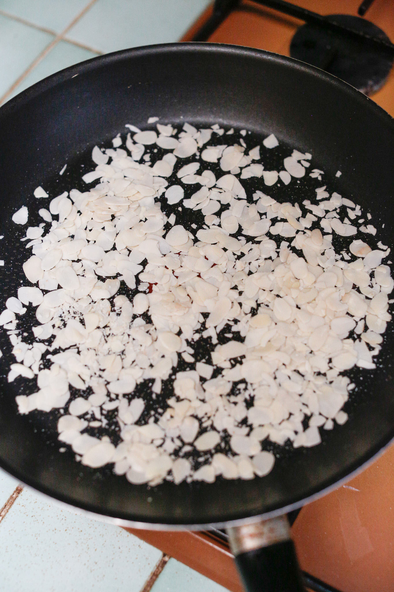 On medium heat start toasting your slivered almonds.