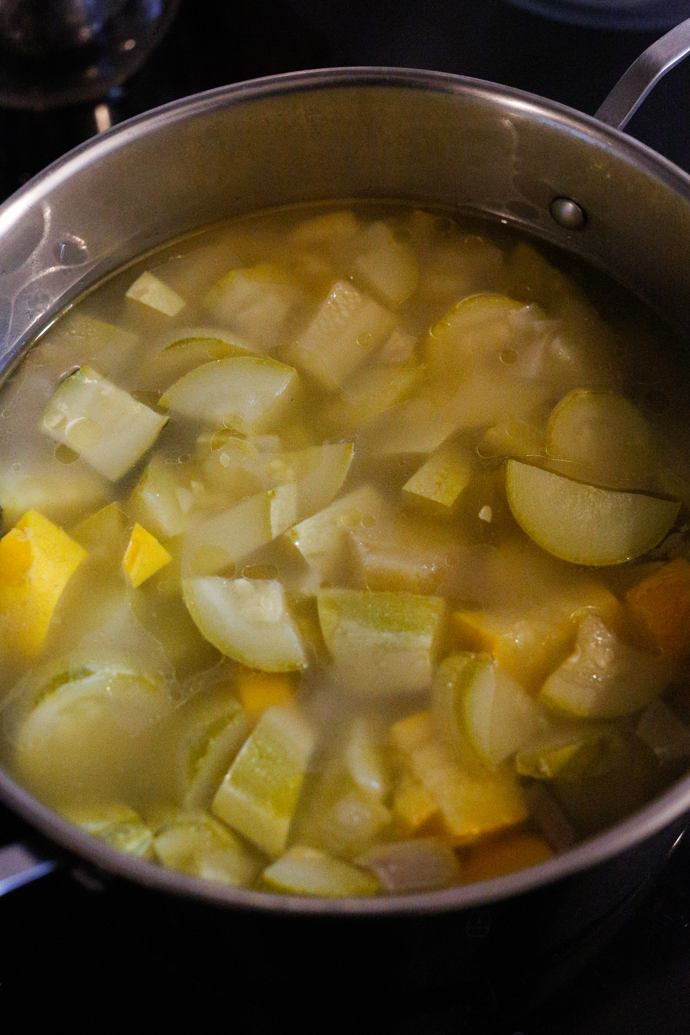 Your squash will cook quickly but make sure that your potatoes are cooked through by piercing them with the tip of a sharp knife.