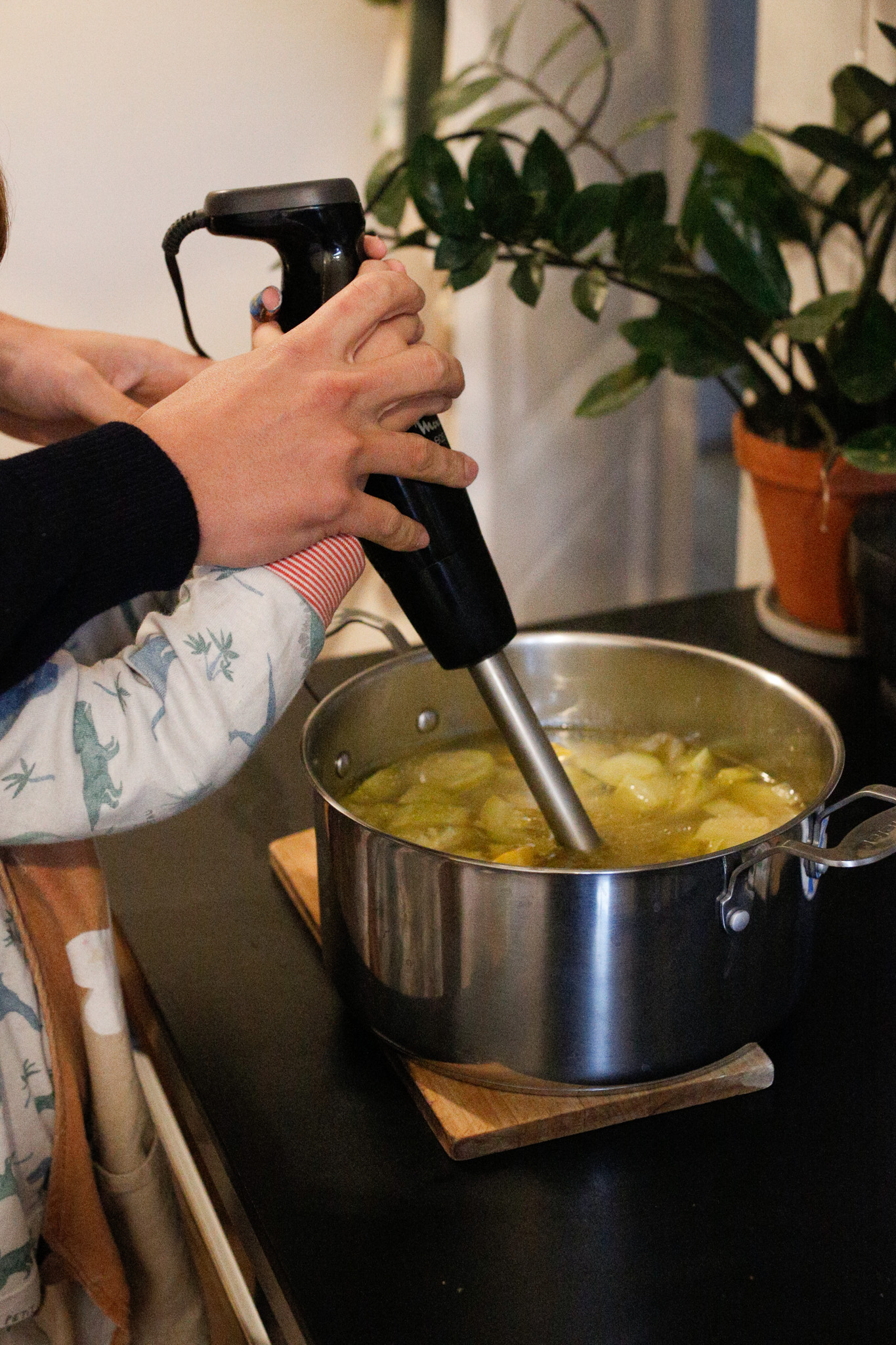 Her daddy helped her buzz the soup with an emmersion blender. Make sure an adult is present when using electric kitchen supplies.