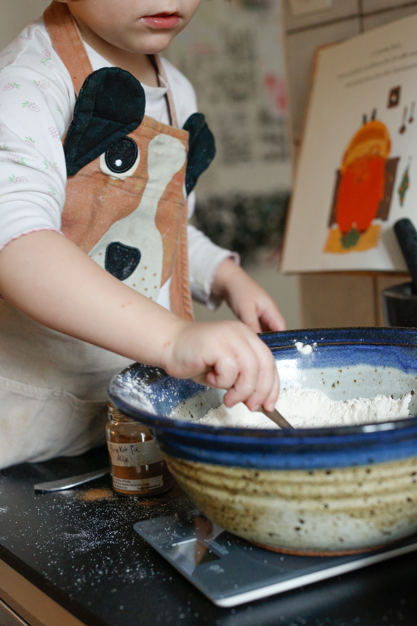 It's nice to have a fun kitchen apron for your kiddo. We call upon "Mr.Dog!" each time we are going to cook.