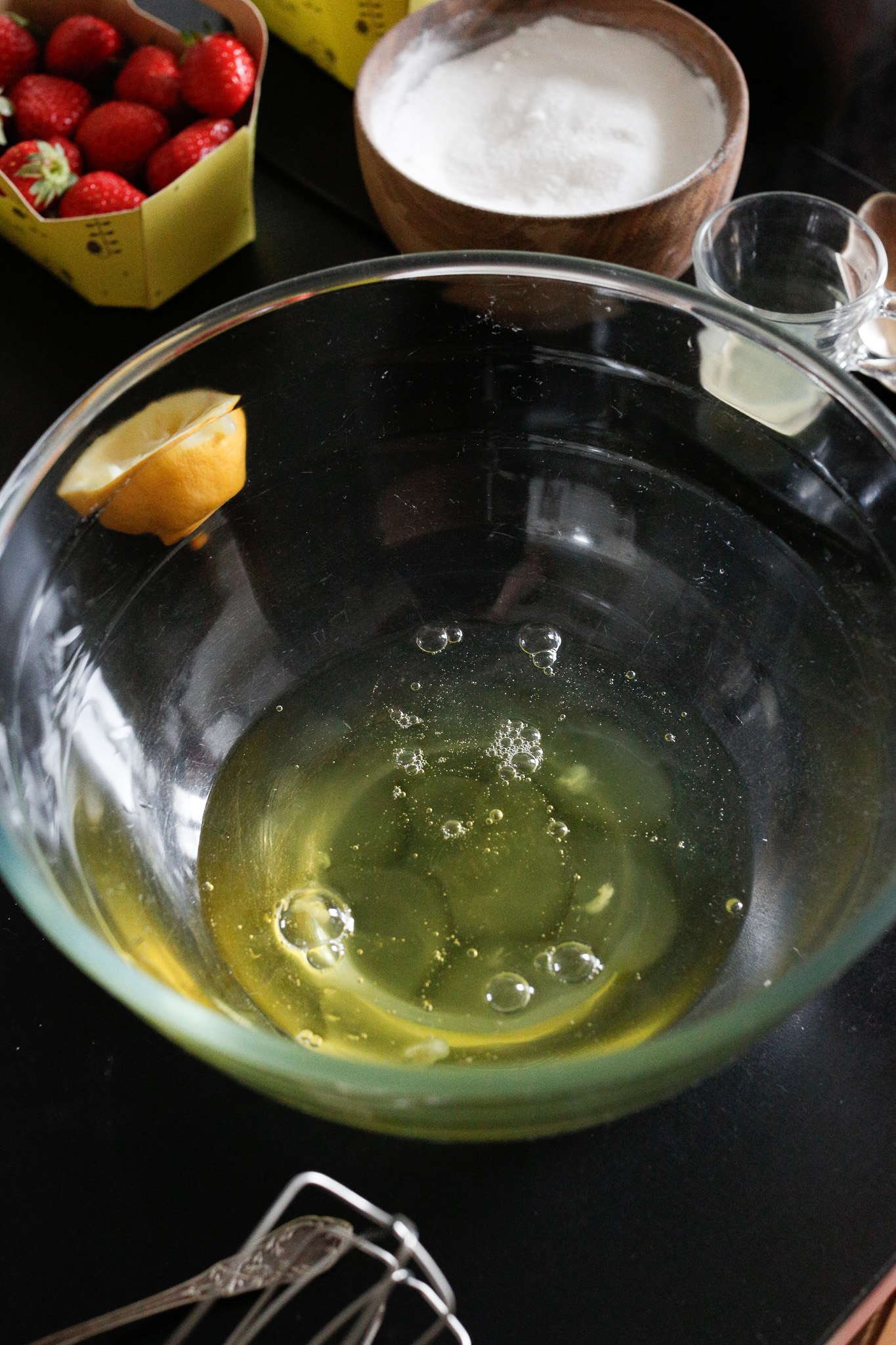 Mindfully separate your egg whites from the yolks. Be sure not to let a drop eggyolk into your whites!