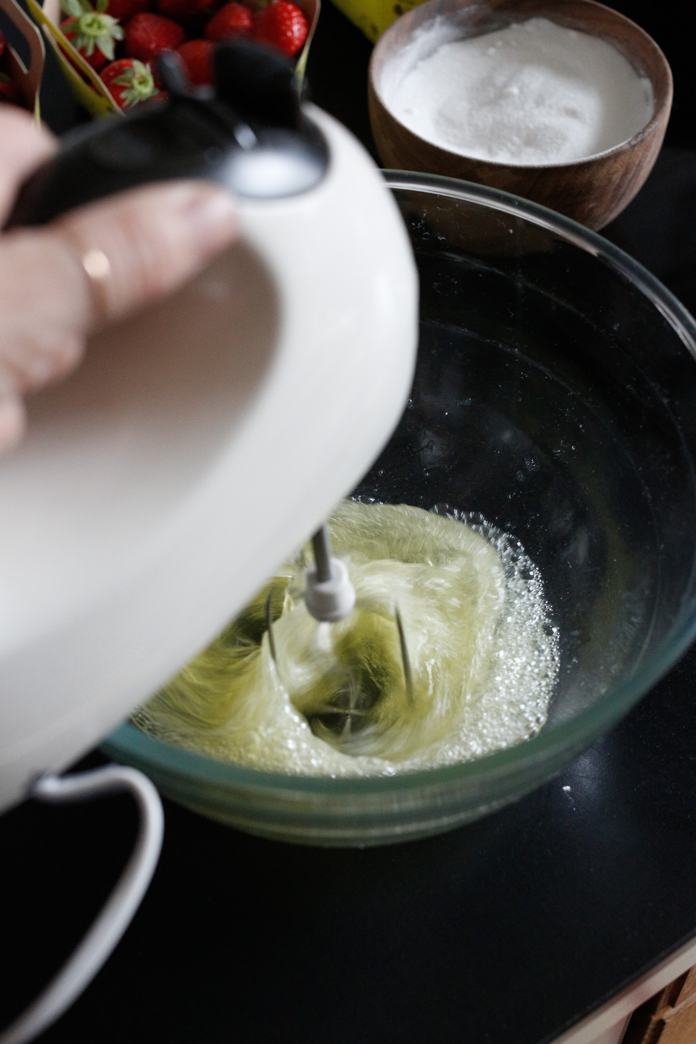 Start out on low to introduce air bubbles into your egg whites.