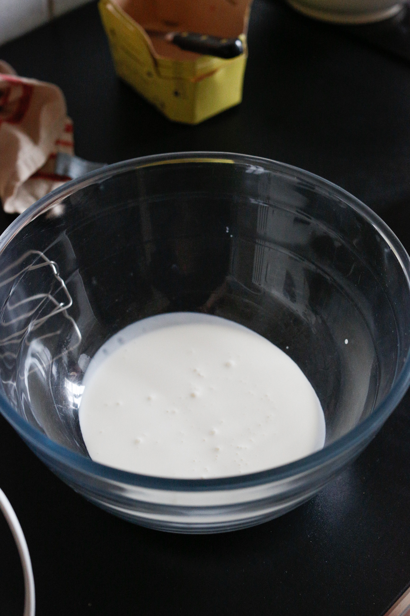 While you allow your meringue to settle into the serving platter to cool completely make your whip cream. Make sure your bowl is clean, dry and deep enough.
