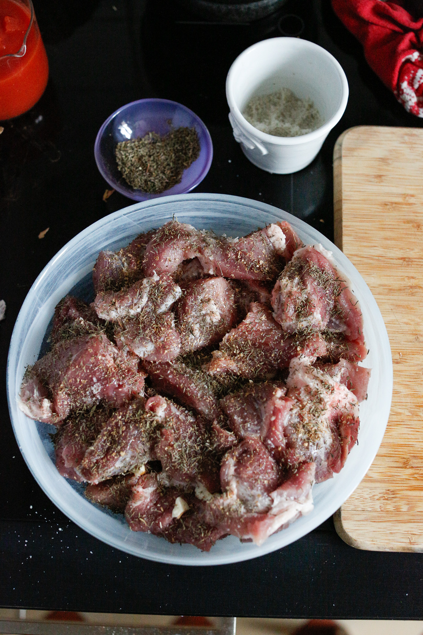 Lay the remaining meat on top and repeat the process of salting each piece and covering them in herbs. Set in the fridge for 30 minutes or so.