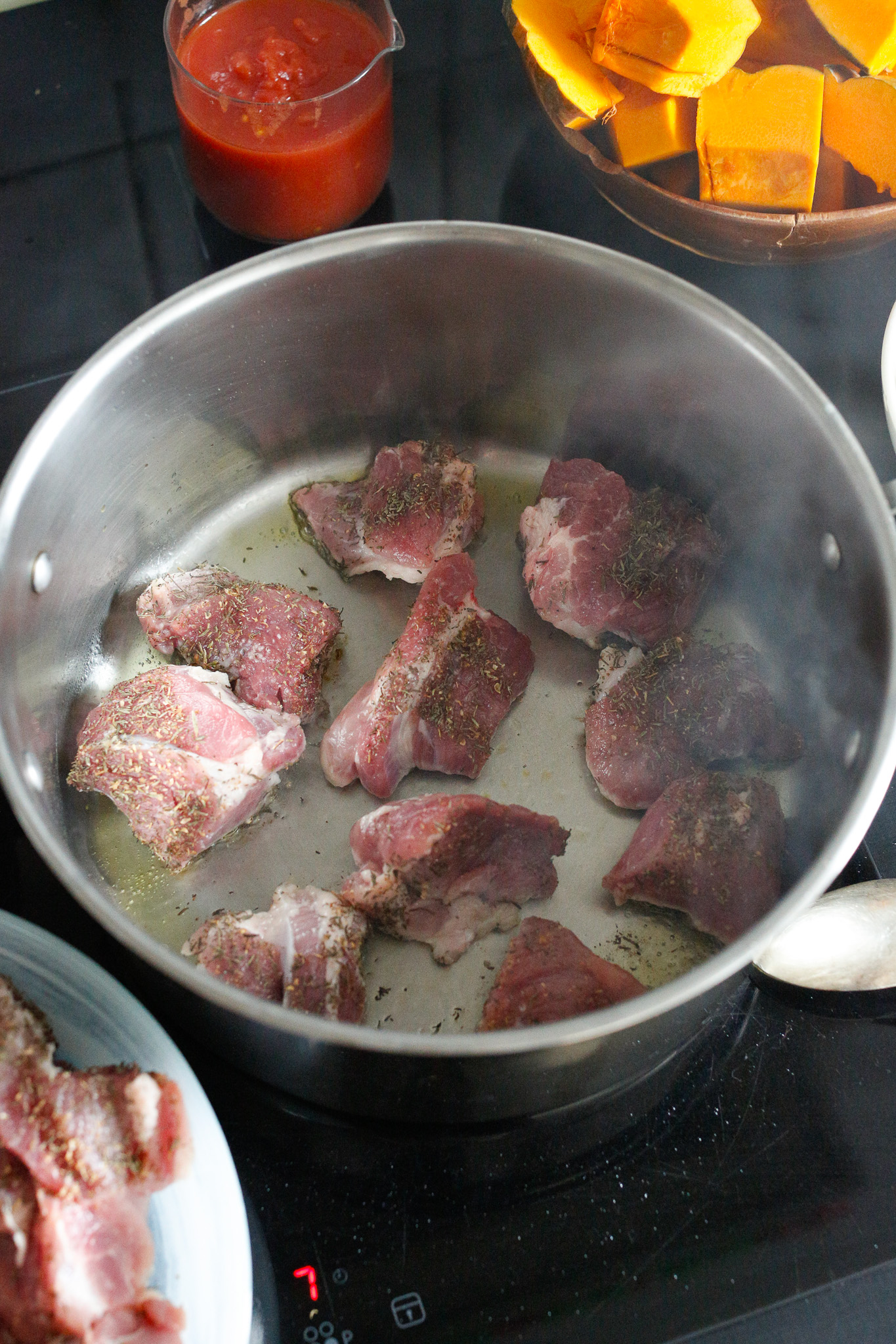 Heat up your soup pot to a medium high heat, add in your oil and then your meat to brown. Be mindful not to burn yourself.