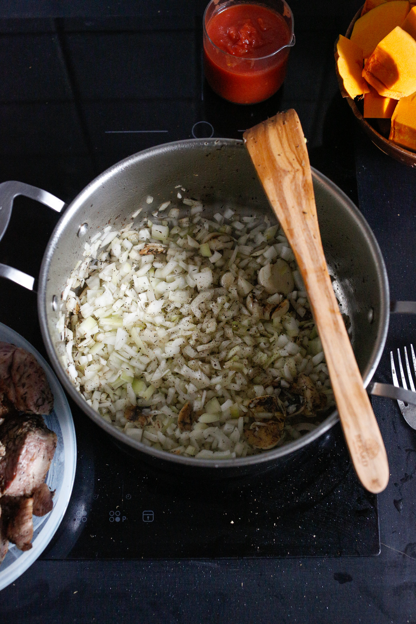 Add in your onions and sautee for a few minutes and then add your garlic and about a tablespoon of apple cider vinegar.