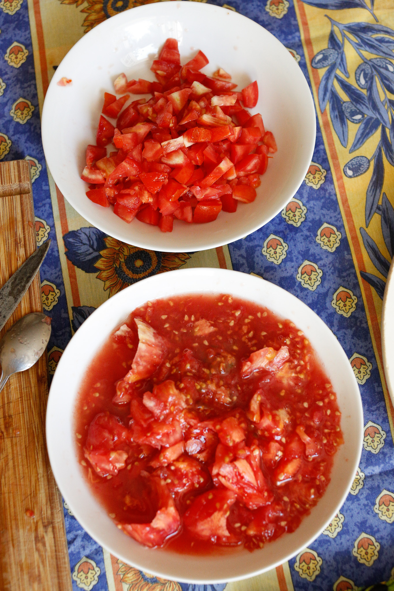 You'll end up with a bowl of cup up tomato pieces from around the stems and the insides of the tomatos. We're going to use these.
