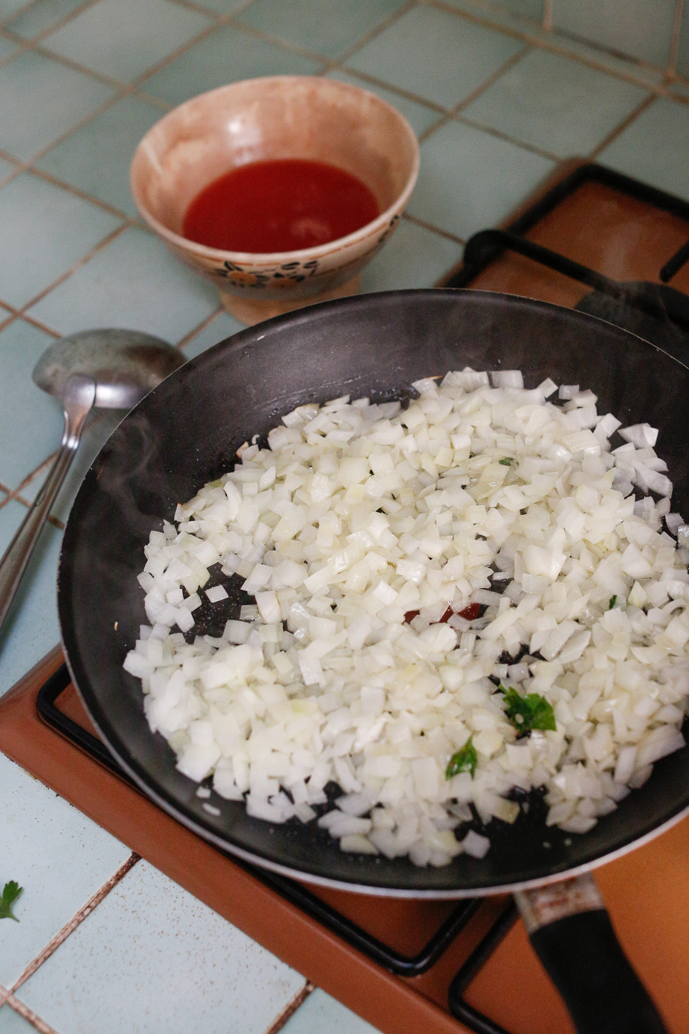 Add a dash of olive oil to your medium-high heat pan and add your onions.