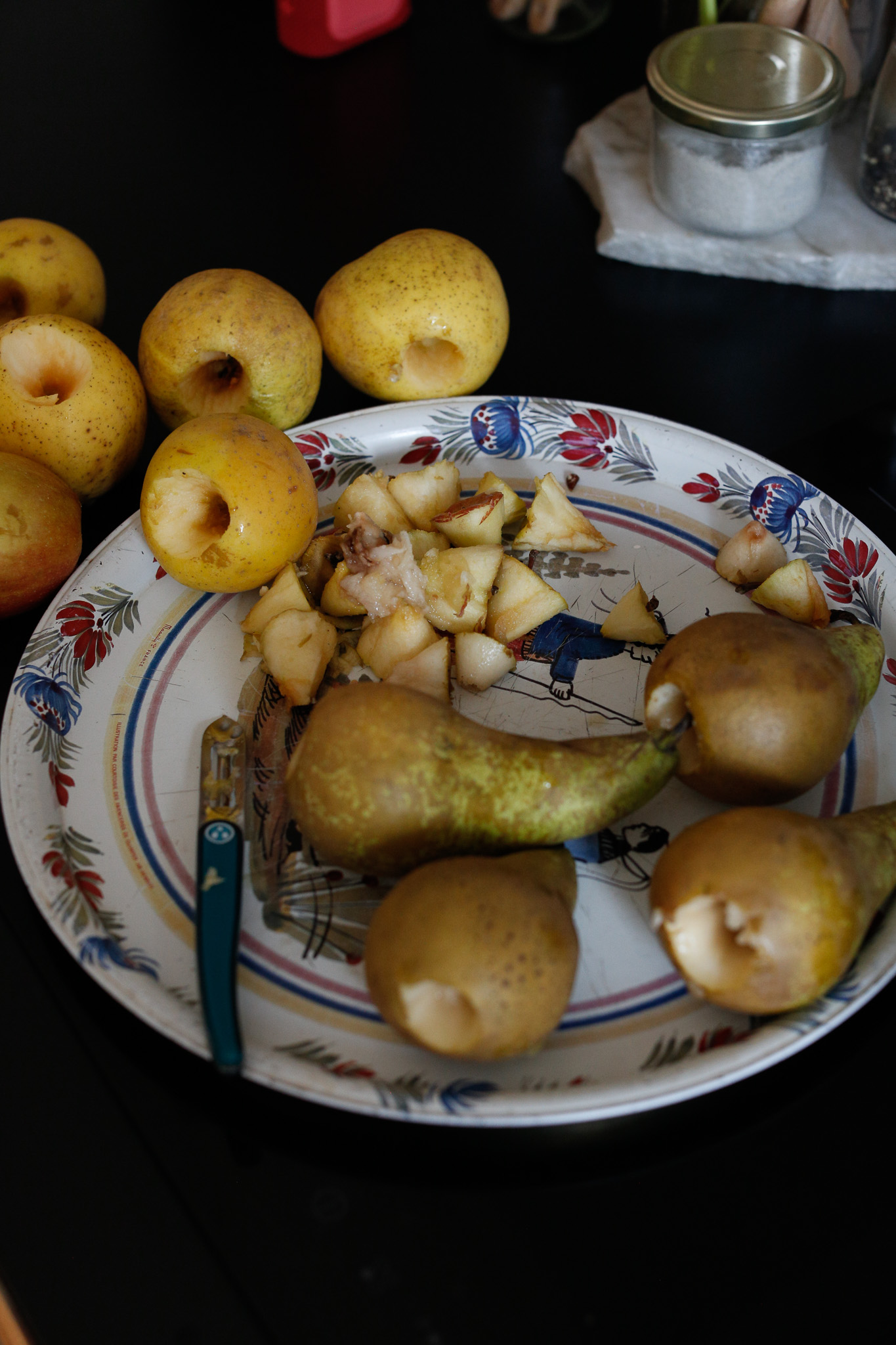 I like to core all of my fruit in one go using my pointed peeler. I try and get the seeds out at this point.
