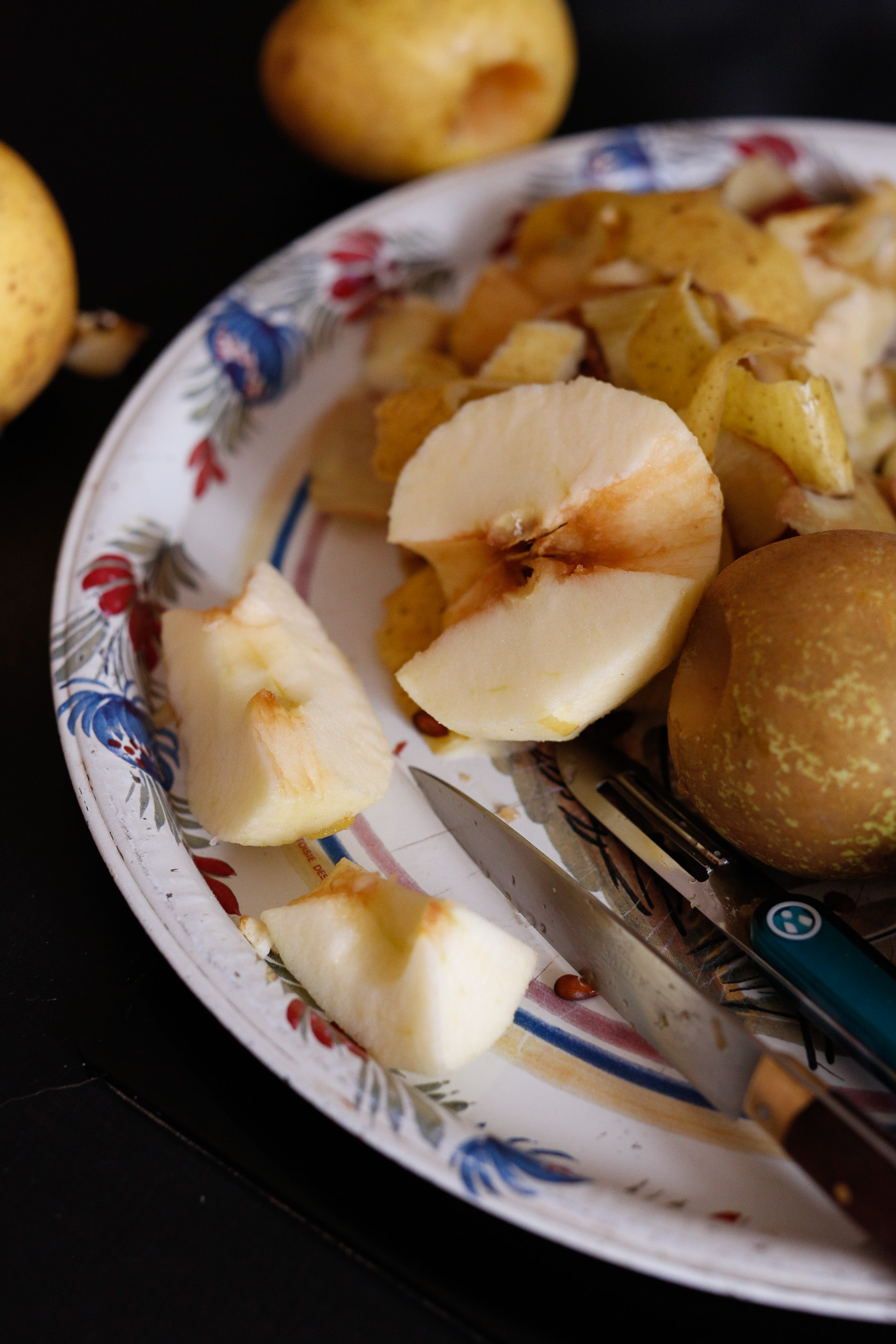 After I peel a fruit I slice it down the middle and cut out the tough part that I couldn't get with the peeler.