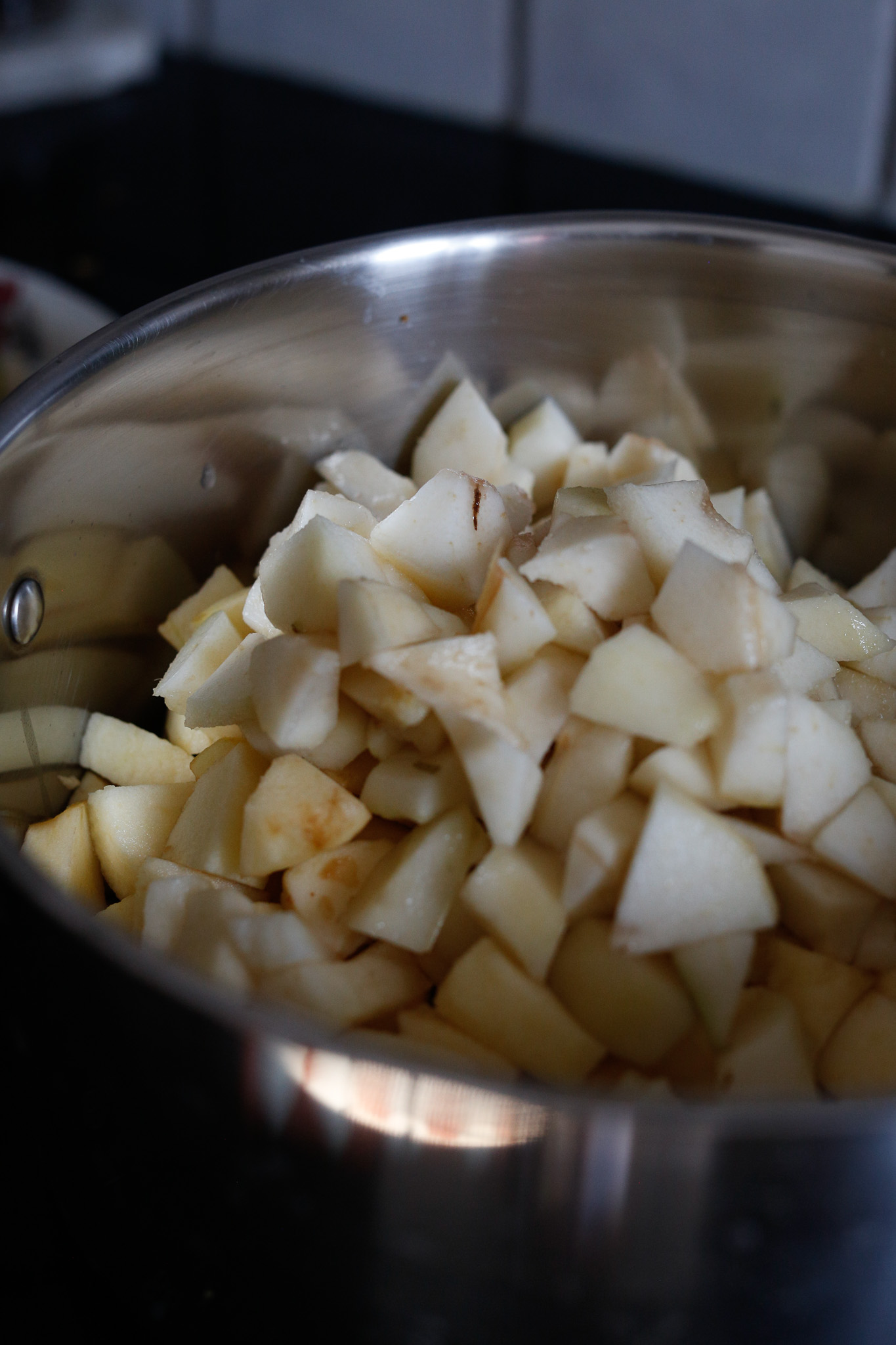 Once all the fruit is cut up I cover the bottom of the pot with some water. Not even 1/2 an inch, put a lid on and turn it on medium-high heat to bring it to a boil.