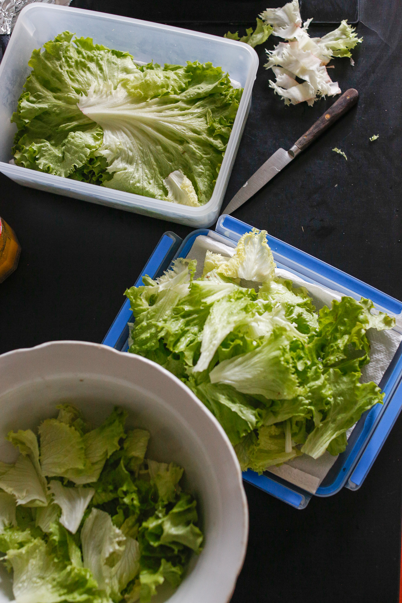 I pile up the cut up lettuce for her to then put into my salad bowl at her own pace.